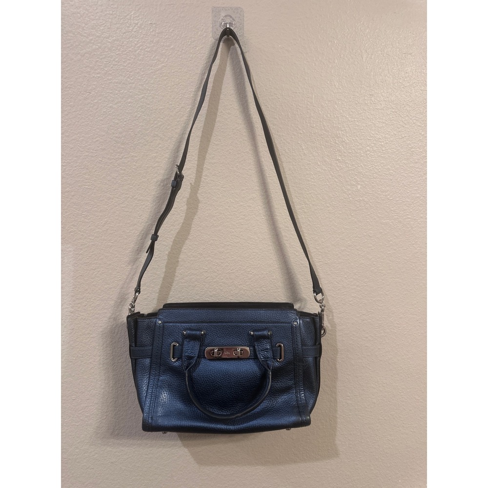VINTAGE Coach Navy Leather Satchel Handbag Shoulder Bag Silver Tone Hardware‎ - Picture 2 of 10